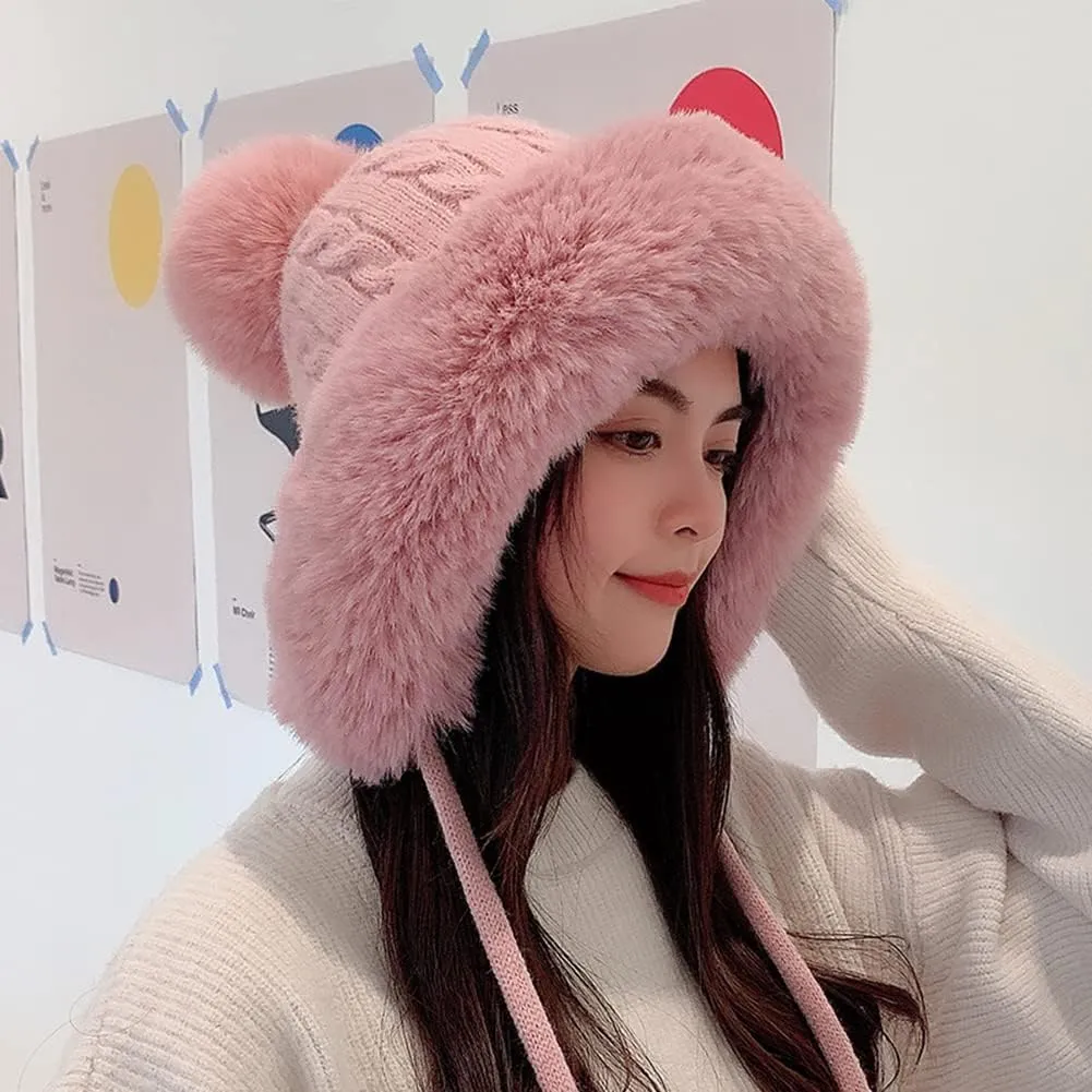 Womens Winter Knitted Beanie Hat, Soft Warm Fleece Lined Long Ear Straps Snow Ski Cap with Pompom, Winter Soft Warm Ski