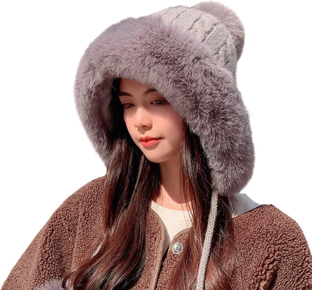 Womens Winter Knitted Beanie Hat, Soft Warm Fleece Lined Long Ear Straps Snow Ski Cap with Pompom, Winter Soft Warm Ski