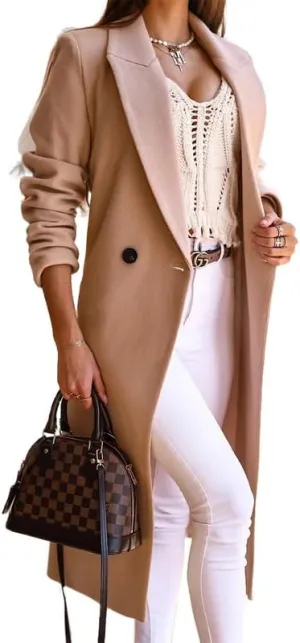 Women's Wool Long Coat Elegant Long Woolen Maxi Coat Ladies Notched Lapel Long Wool Blend Peacoat