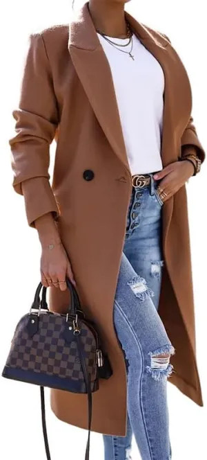 Women's Wool Long Coat Elegant Long Woolen Maxi Coat Ladies Notched Lapel Long Wool Blend Peacoat