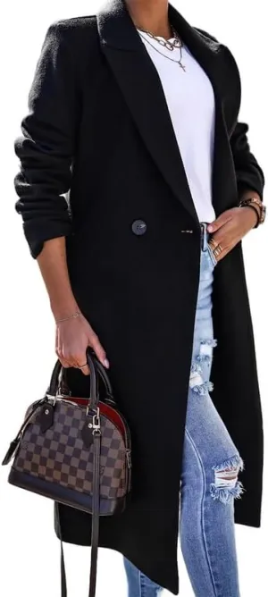 Women's Wool Long Coat Elegant Long Woolen Maxi Coat Ladies Notched Lapel Long Wool Blend Peacoat