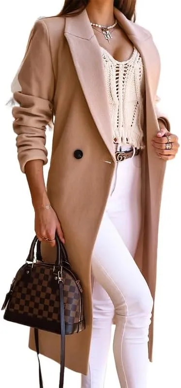 Women's Wool Long Coat Elegant Long Woolen Maxi Coat Ladies Notched Lapel Long Wool Blend Peacoat