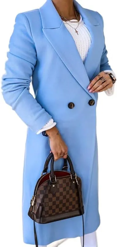 Women's Wool Long Coat Elegant Long Woolen Maxi Coat Ladies Notched Lapel Long Wool Blend Peacoat