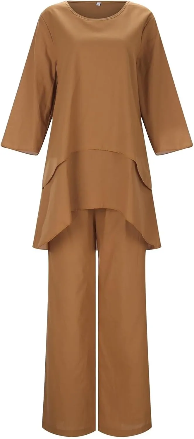 Workout Sets for Women Summer Cotton Linen Casual Matching Set Short Sleeve T Shirts and Pants with Pockets