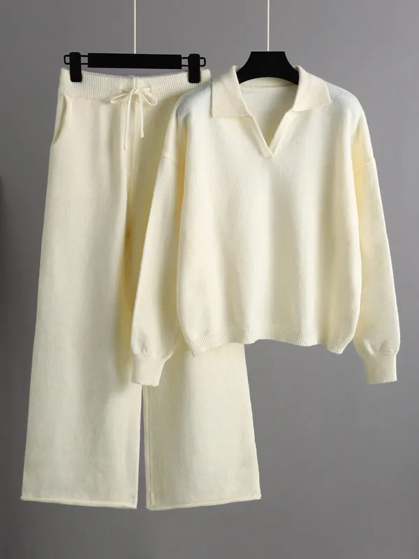 xakxx Urban Long Sleeves Solid Color Polo Sweater Tops & Wide Leg Pants Two Pieces Set