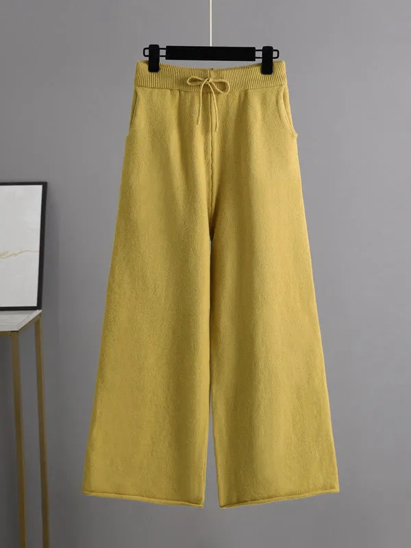 xakxx Urban Long Sleeves Solid Color Polo Sweater Tops & Wide Leg Pants Two Pieces Set