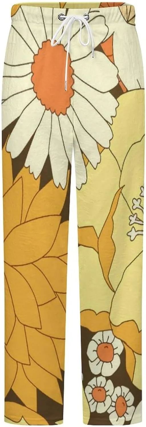 Yellow And Brown Vintage Floral Pattern Women's Flannel Pajama Pants Fleece Lounge Sleep Bottoms PJ