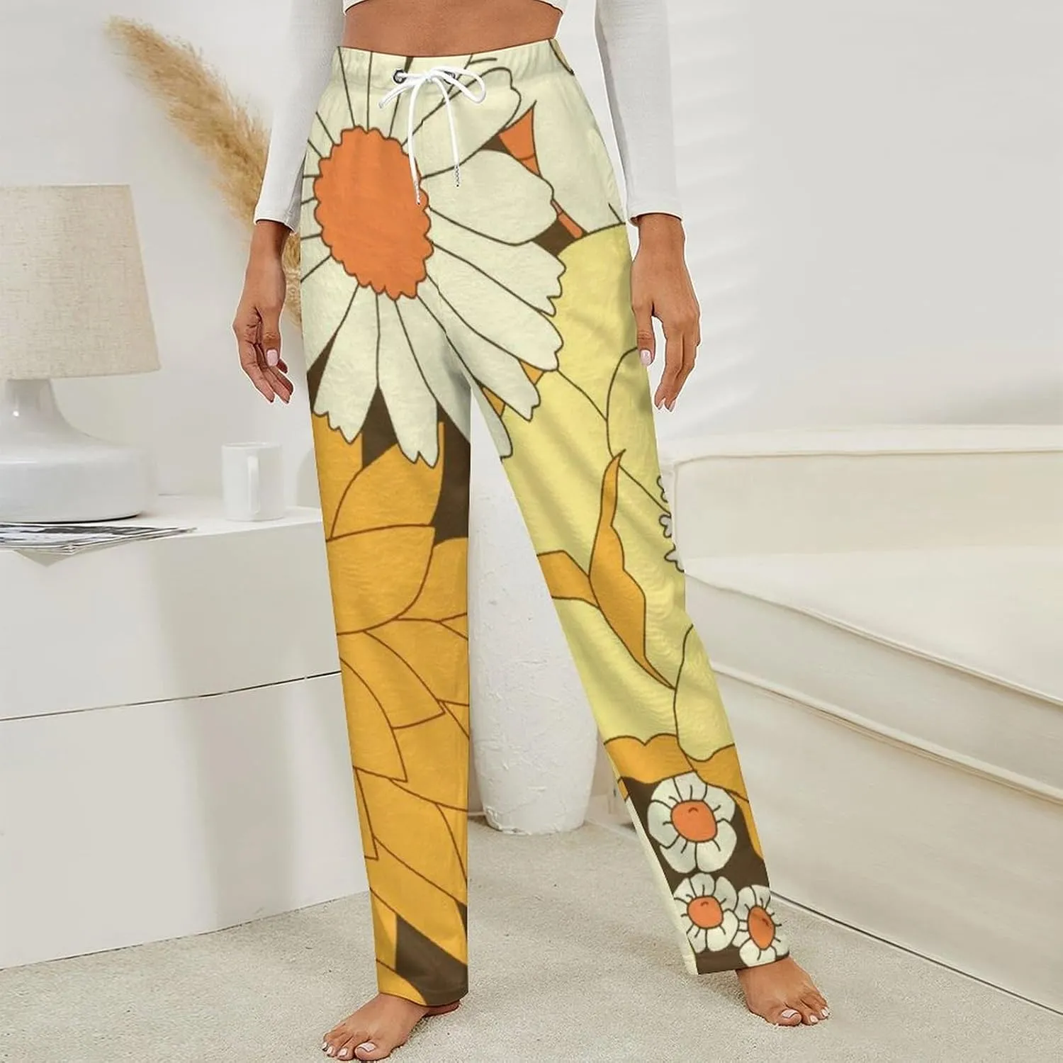Yellow And Brown Vintage Floral Pattern Women's Flannel Pajama Pants Fleece Lounge Sleep Bottoms PJ