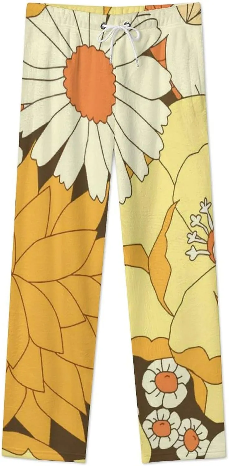 Yellow And Brown Vintage Floral Pattern Women's Flannel Pajama Pants Fleece Lounge Sleep Bottoms PJ
