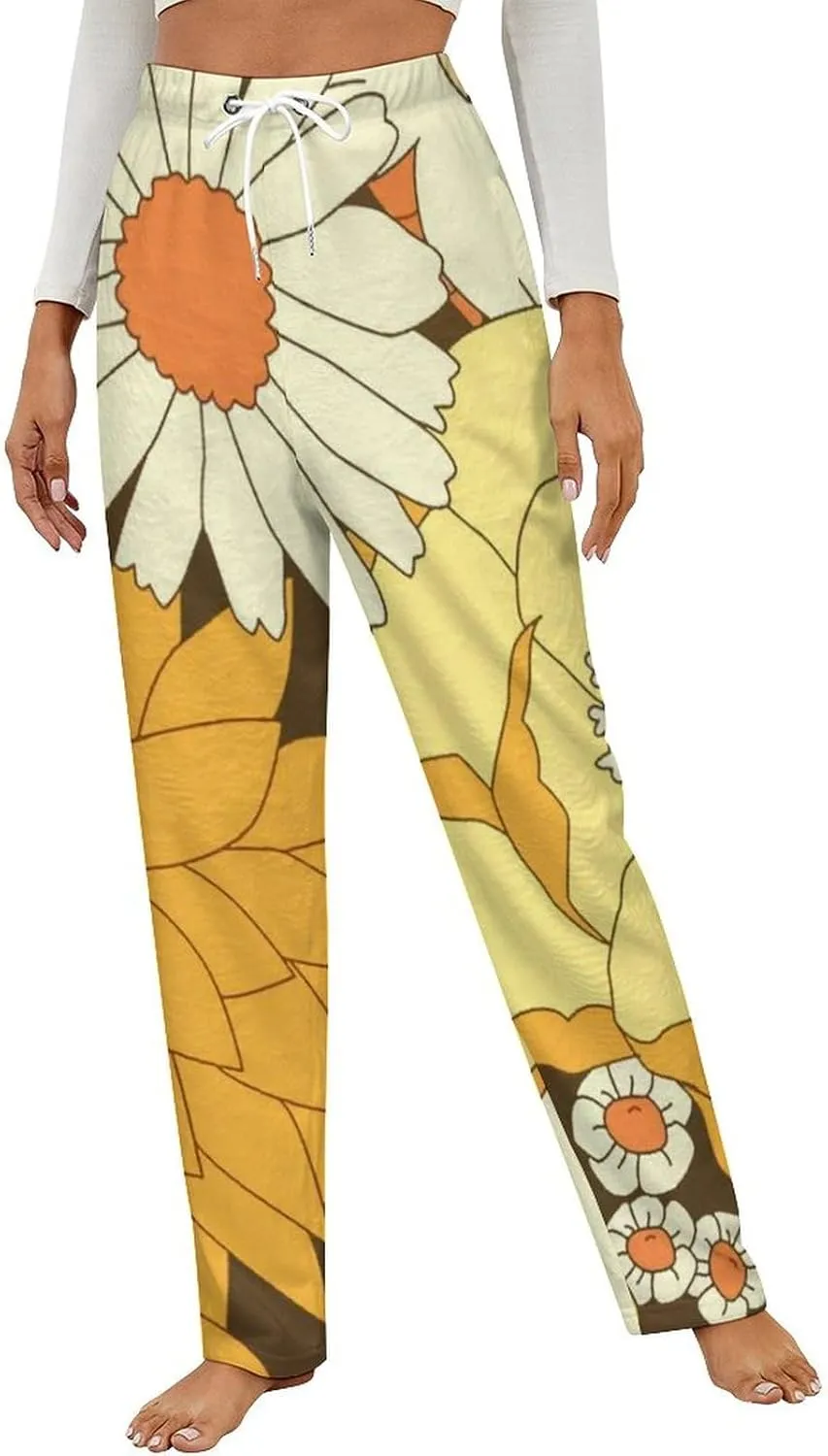 Yellow And Brown Vintage Floral Pattern Women's Flannel Pajama Pants Fleece Lounge Sleep Bottoms PJ