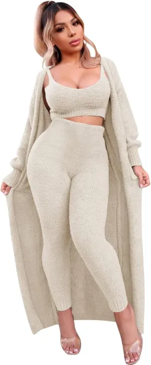 yidengymx Womens Fuzzy 3 Piece Sweatsuit Fleece Open Front Cardigan Crop Tank Top & Bodycon Pants Loungewear Sets for Women