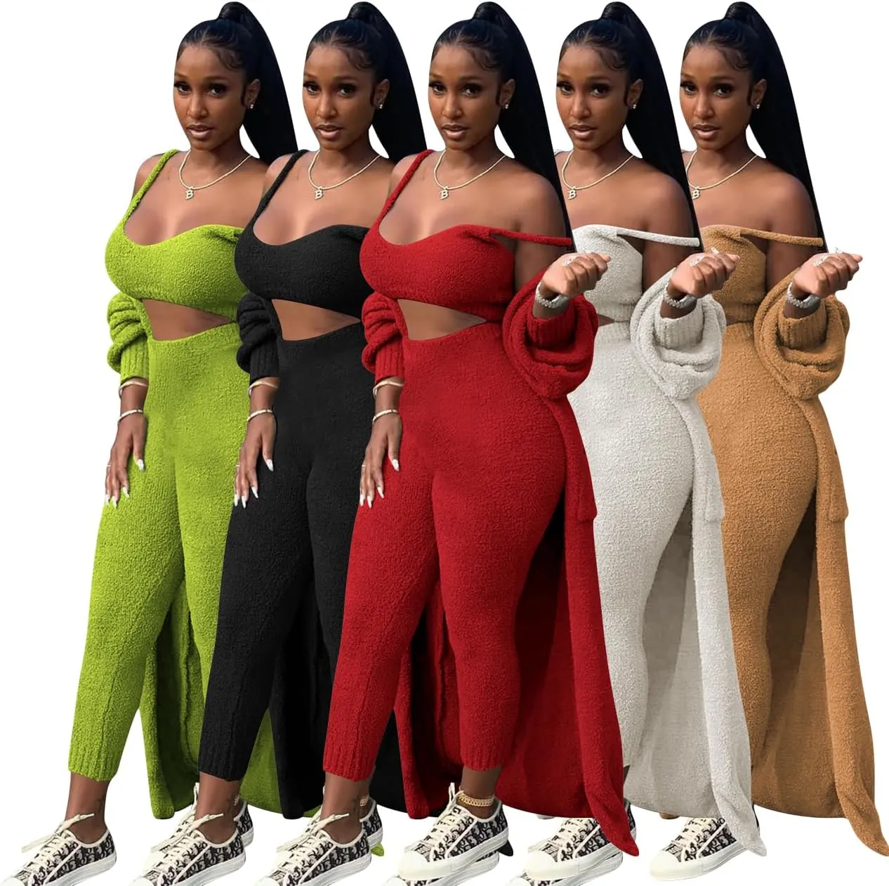 yidengymx Womens Fuzzy 3 Piece Sweatsuit Fleece Open Front Cardigan Crop Tank Top & Bodycon Pants Loungewear Sets for Women