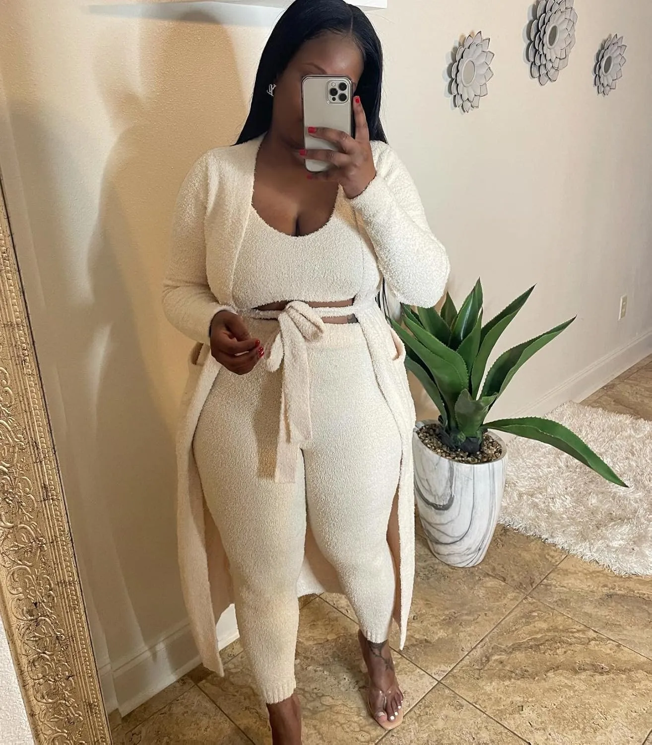 yidengymx Womens Fuzzy 3 Piece Sweatsuit Fleece Open Front Cardigan Crop Tank Top & Bodycon Pants Loungewear Sets for Women