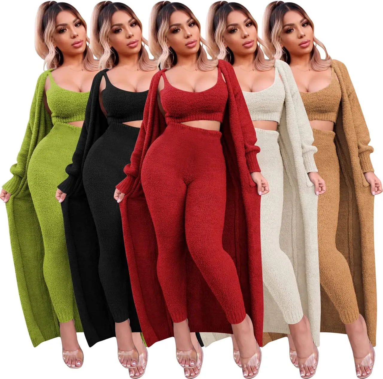 yidengymx Womens Fuzzy 3 Piece Sweatsuit Fleece Open Front Cardigan Crop Tank Top & Bodycon Pants Loungewear Sets for Women