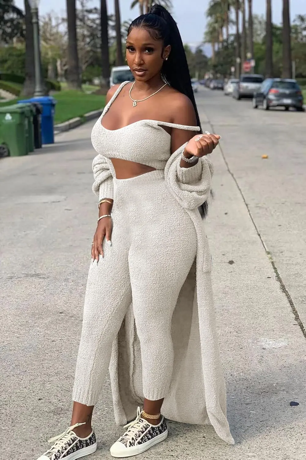 yidengymx Womens Fuzzy 3 Piece Sweatsuit Fleece Open Front Cardigan Crop Tank Top & Bodycon Pants Loungewear Sets for Women