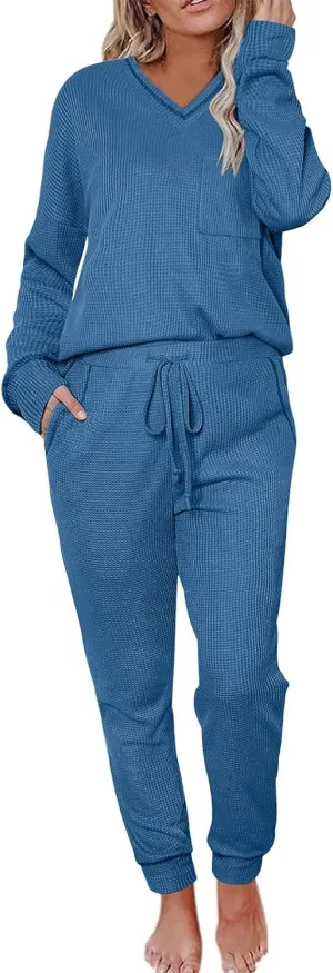 YRAETENM Waffle Knit Lounge Sets for Women Soft Comfy Loungewear Casual Long Sleeve Pullover Top Jogger Pants with Pockets