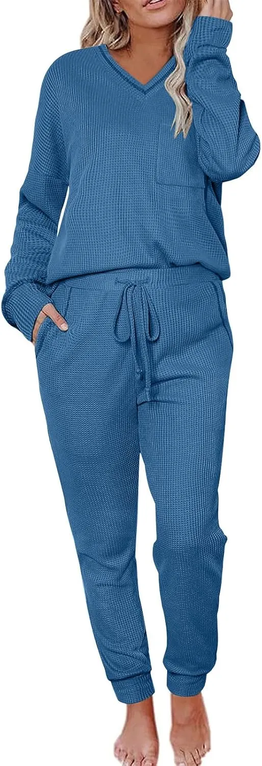 YRAETENM Waffle Knit Lounge Sets for Women Soft Comfy Loungewear Casual Long Sleeve Pullover Top Jogger Pants with Pockets