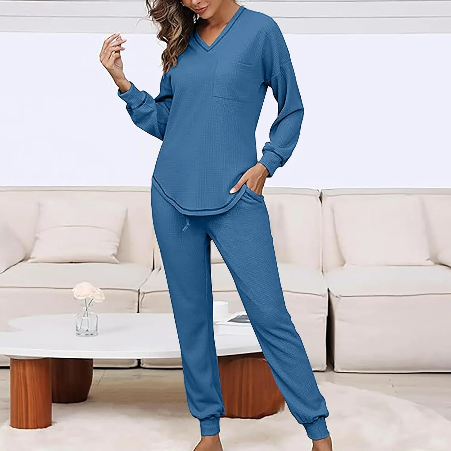 YRAETENM Waffle Knit Lounge Sets for Women Soft Comfy Loungewear Casual Long Sleeve Pullover Top Jogger Pants with Pockets