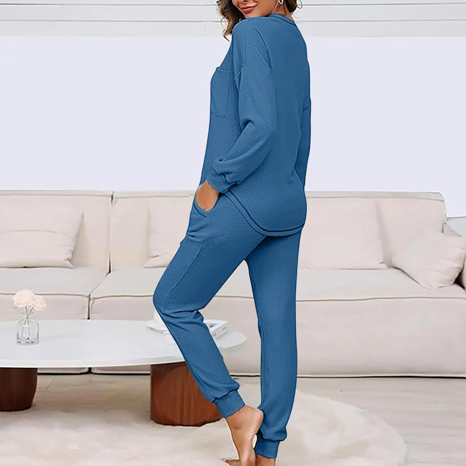 YRAETENM Waffle Knit Lounge Sets for Women Soft Comfy Loungewear Casual Long Sleeve Pullover Top Jogger Pants with Pockets