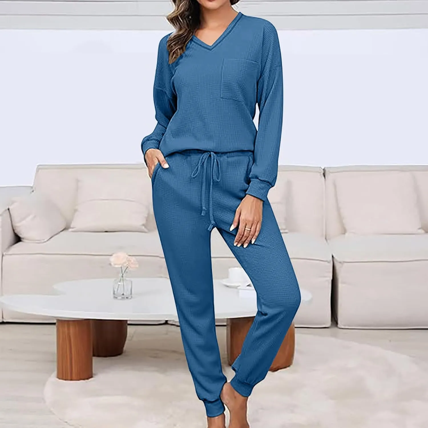 YRAETENM Waffle Knit Lounge Sets for Women Soft Comfy Loungewear Casual Long Sleeve Pullover Top Jogger Pants with Pockets