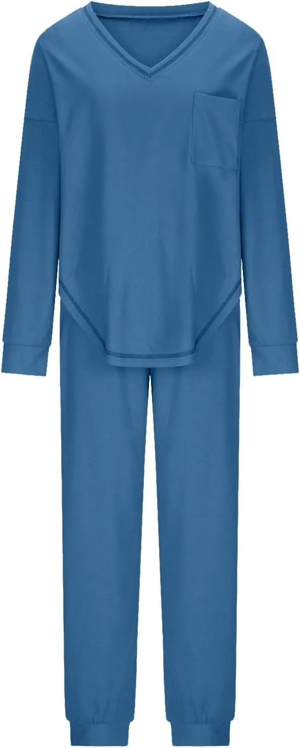 YRAETENM Waffle Knit Lounge Sets for Women Soft Comfy Loungewear Casual Long Sleeve Pullover Top Jogger Pants with Pockets