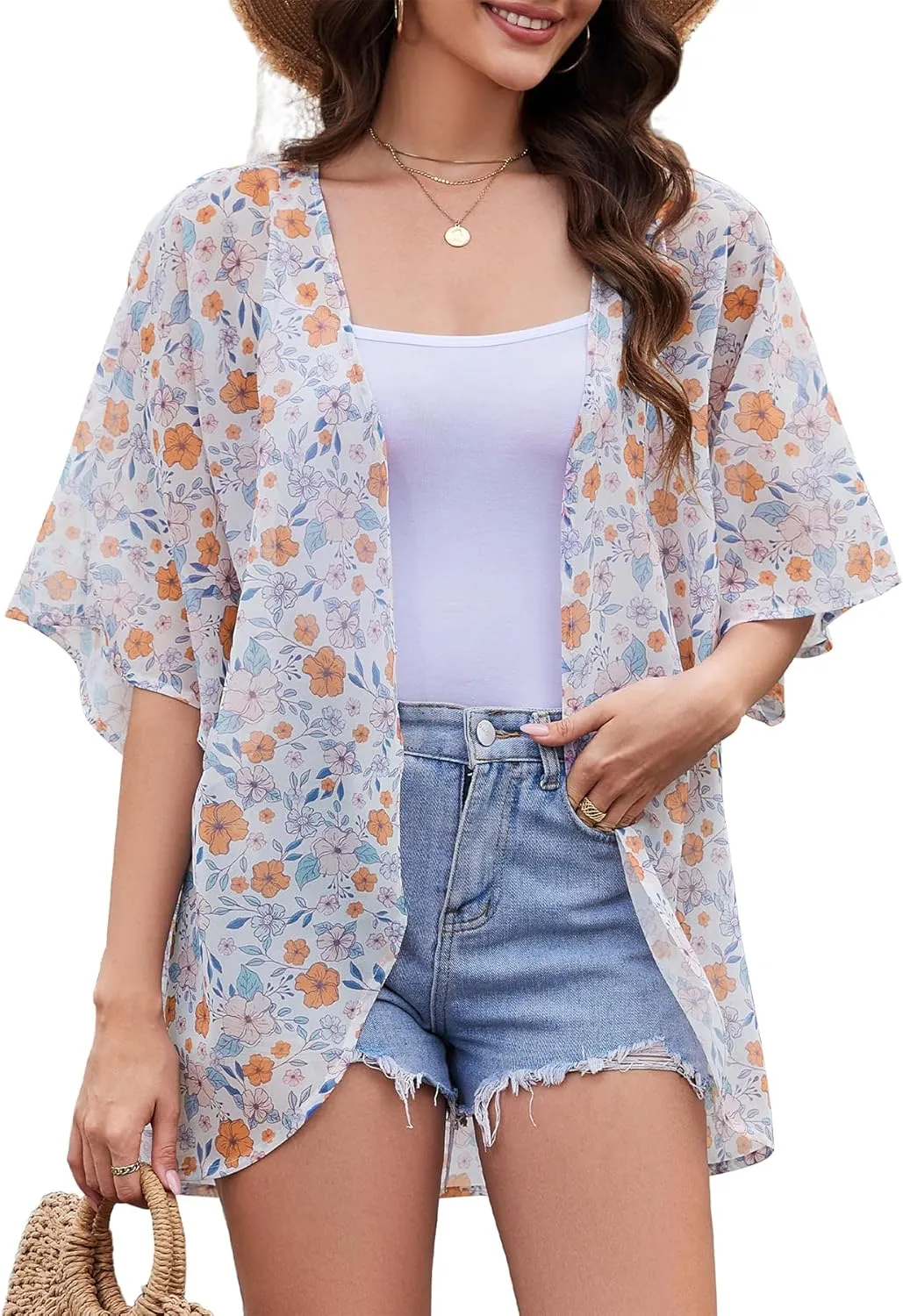 Zando Womens Floral Kimono Cover Ups Short Sleeve Kimono Cardigans Casual Shawl Cardigan Loose Open Front Kimono Tops