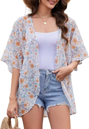 Zando Womens Floral Kimono Cover Ups Short Sleeve Kimono Cardigans Casual Shawl Cardigan Loose Open Front Kimono Tops