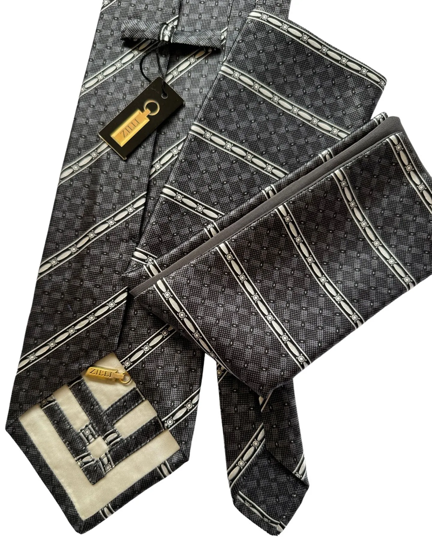 Zilli Tie & Pocket Square Set Black Silver Stripes Design