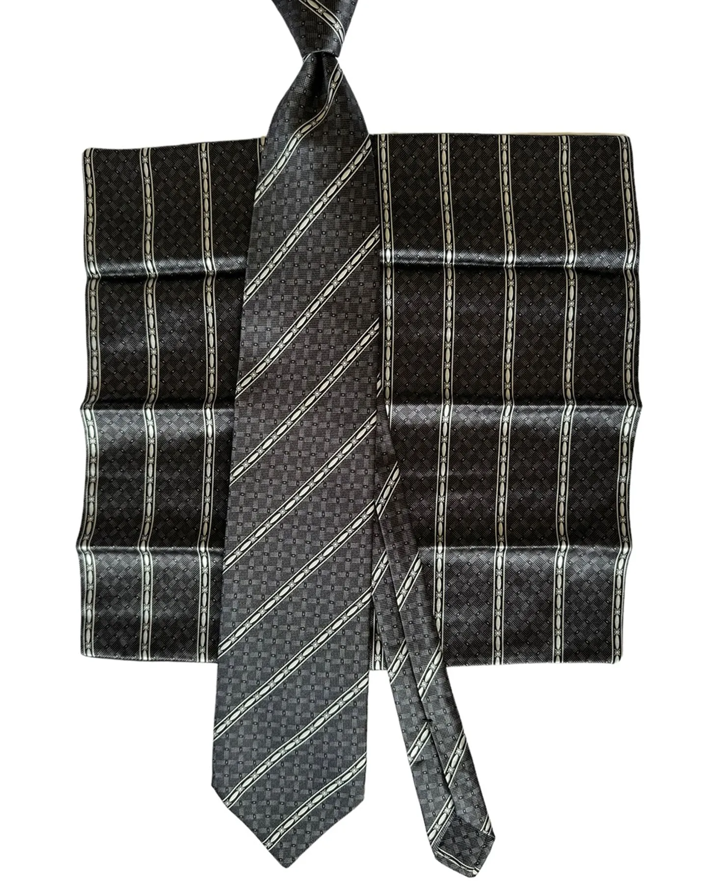 Zilli Tie & Pocket Square Set Black Silver Stripes Design