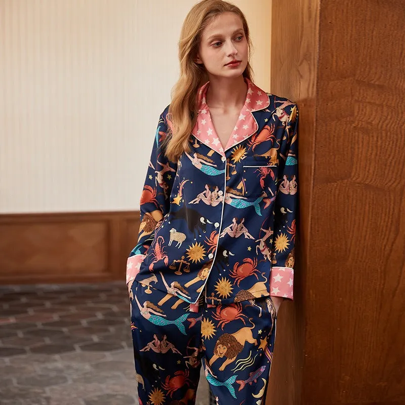 Zodiac Print Simulated Silk Pajama Set