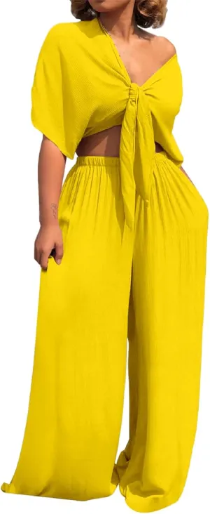 ZWRXW 2 Piece Sets for Women Summer Lounge Sets Sexy V Neck Short Sleeve Top and Wide Leg Pants Casual Matching Set Outfits