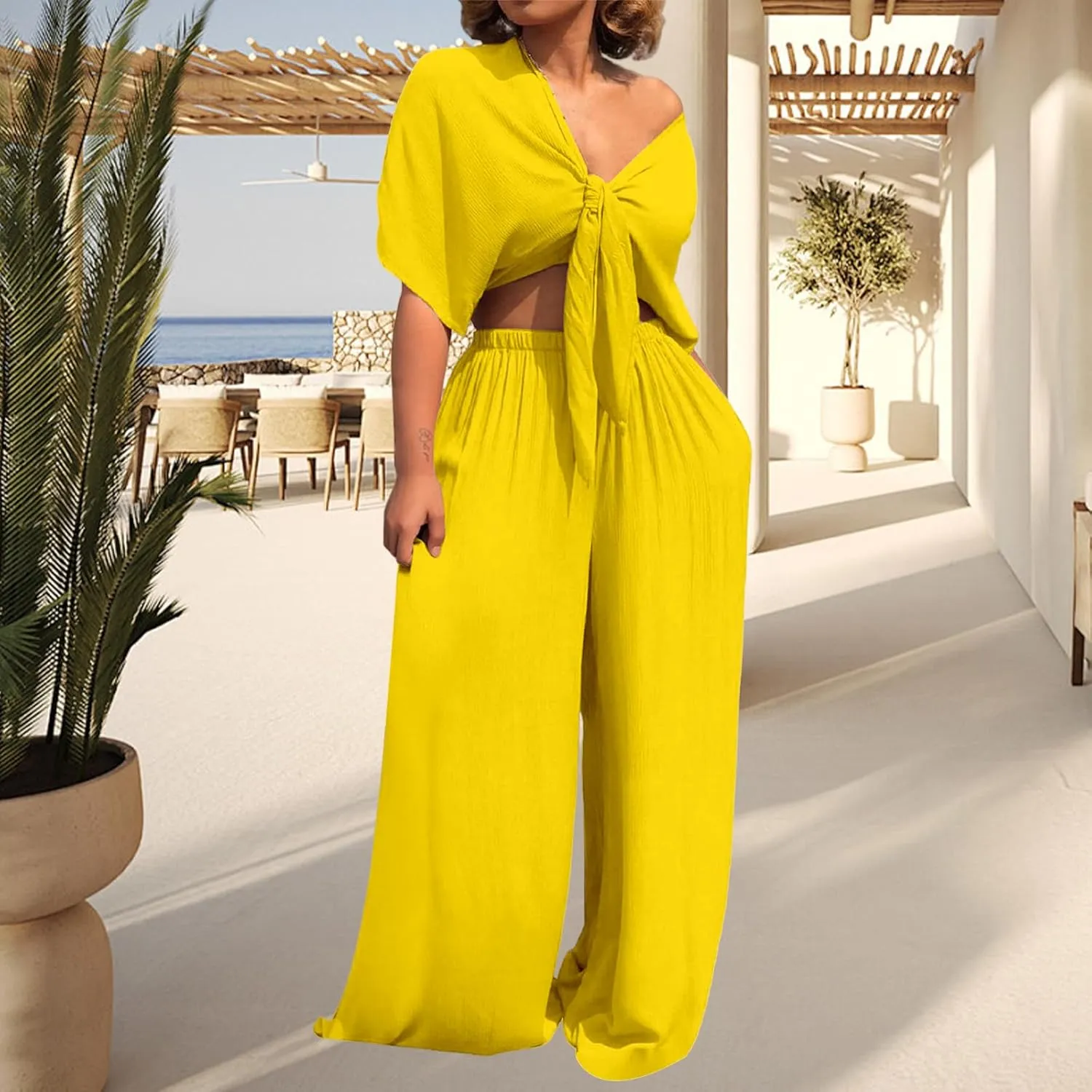 ZWRXW 2 Piece Sets for Women Summer Lounge Sets Sexy V Neck Short Sleeve Top and Wide Leg Pants Casual Matching Set Outfits