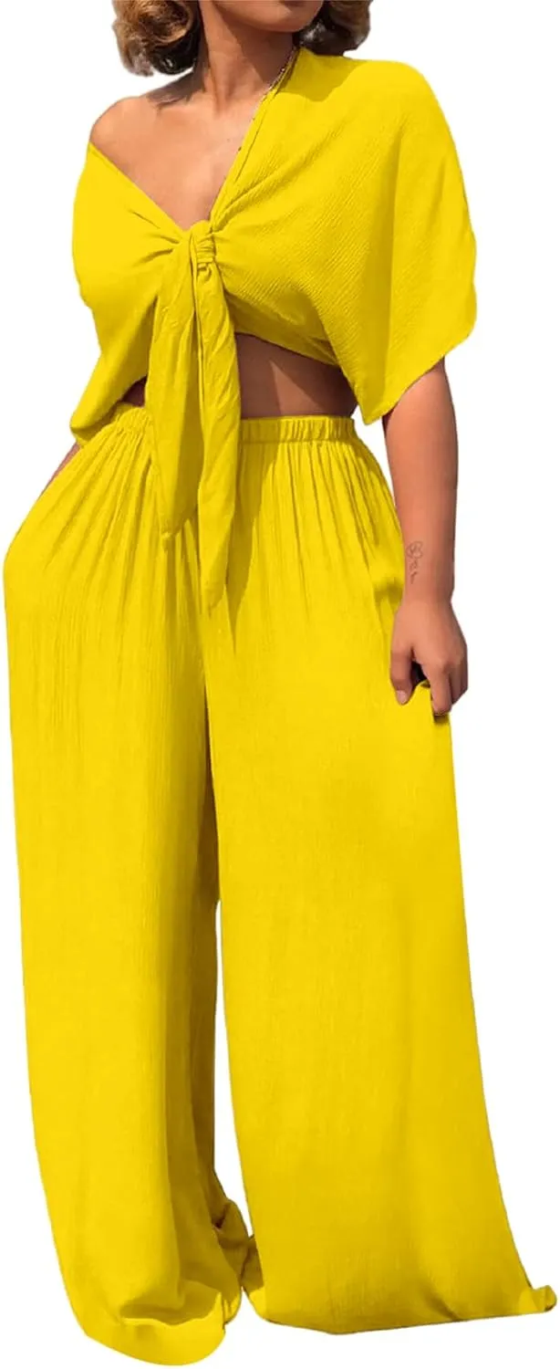 ZWRXW 2 Piece Sets for Women Summer Lounge Sets Sexy V Neck Short Sleeve Top and Wide Leg Pants Casual Matching Set Outfits