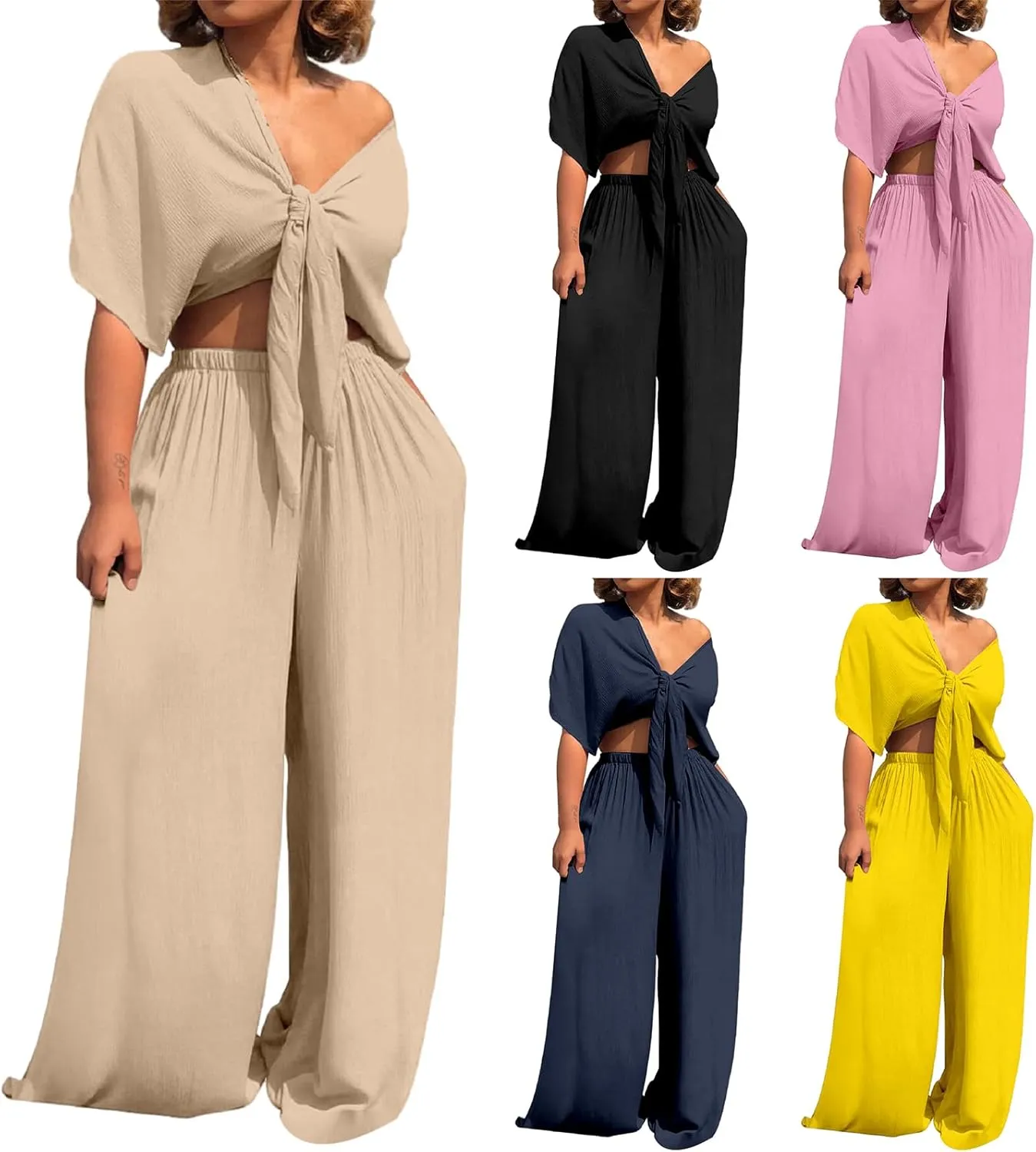 ZWRXW 2 Piece Sets for Women Summer Lounge Sets Sexy V Neck Short Sleeve Top and Wide Leg Pants Casual Matching Set Outfits