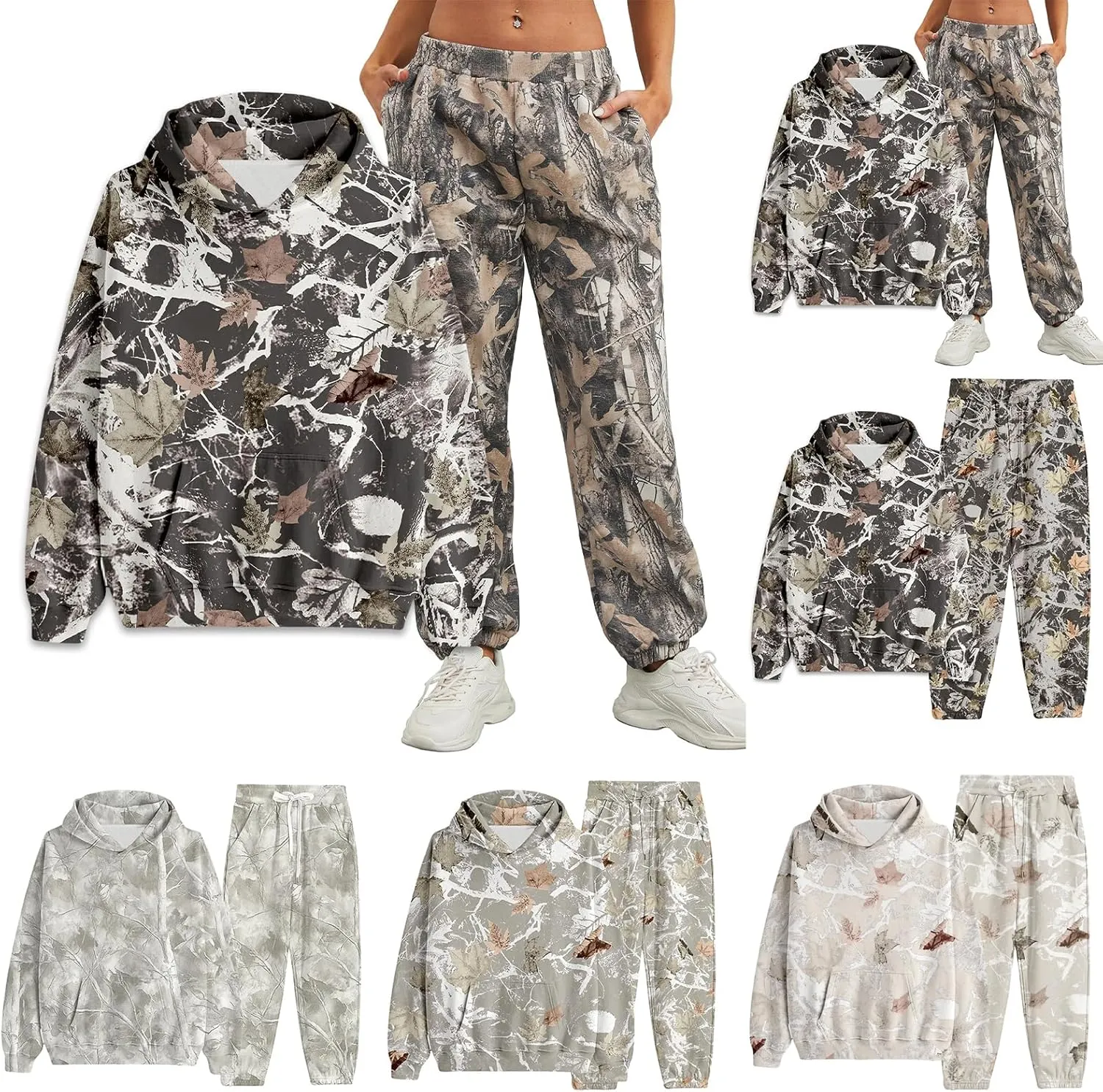 ZWRXW Camo Sweatsuits Women Set 2 Piece Maple Leaf Print Oversized Hoodie Camo Fleece Sweatpants Lounge Sets Casual Tracksuit