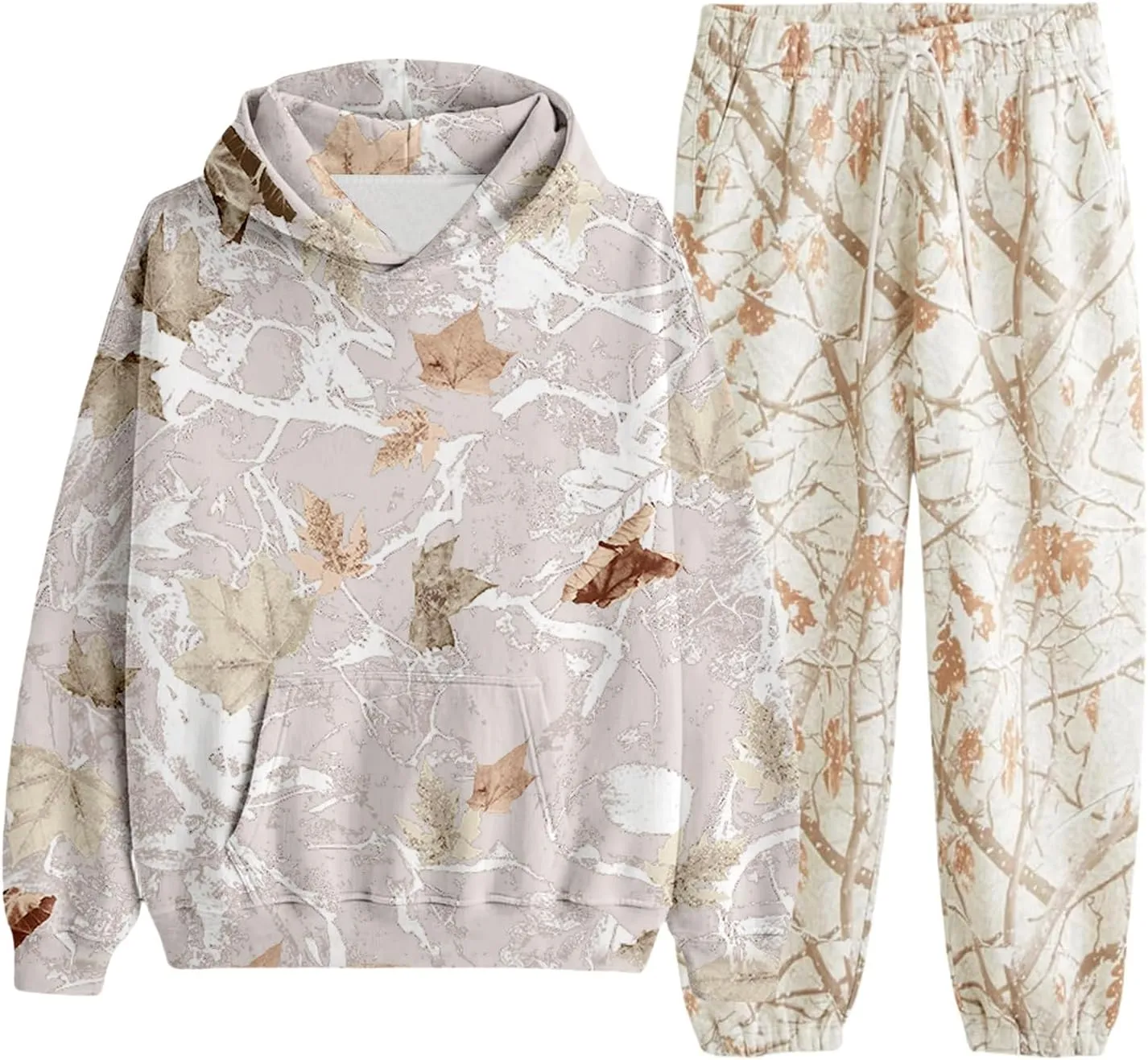 ZWRXW Camo Sweatsuits Women Set 2 Piece Maple Leaf Print Oversized Hoodie Camo Fleece Sweatpants Lounge Sets Casual Tracksuit